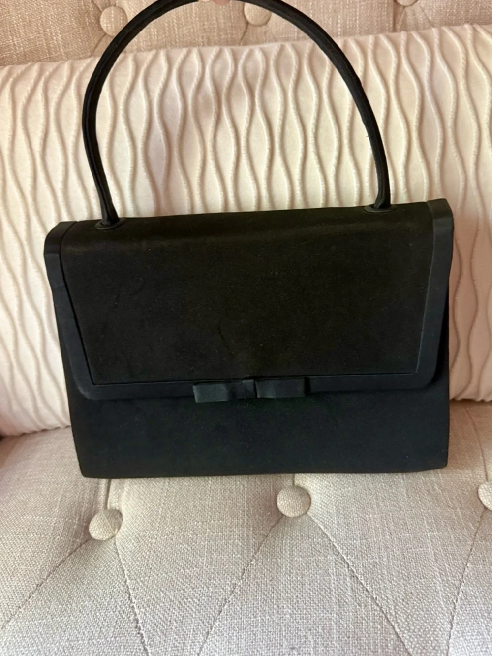 Vintage Inspired Black Satin & Suede Evening Bag Bow Accent Top Handle
